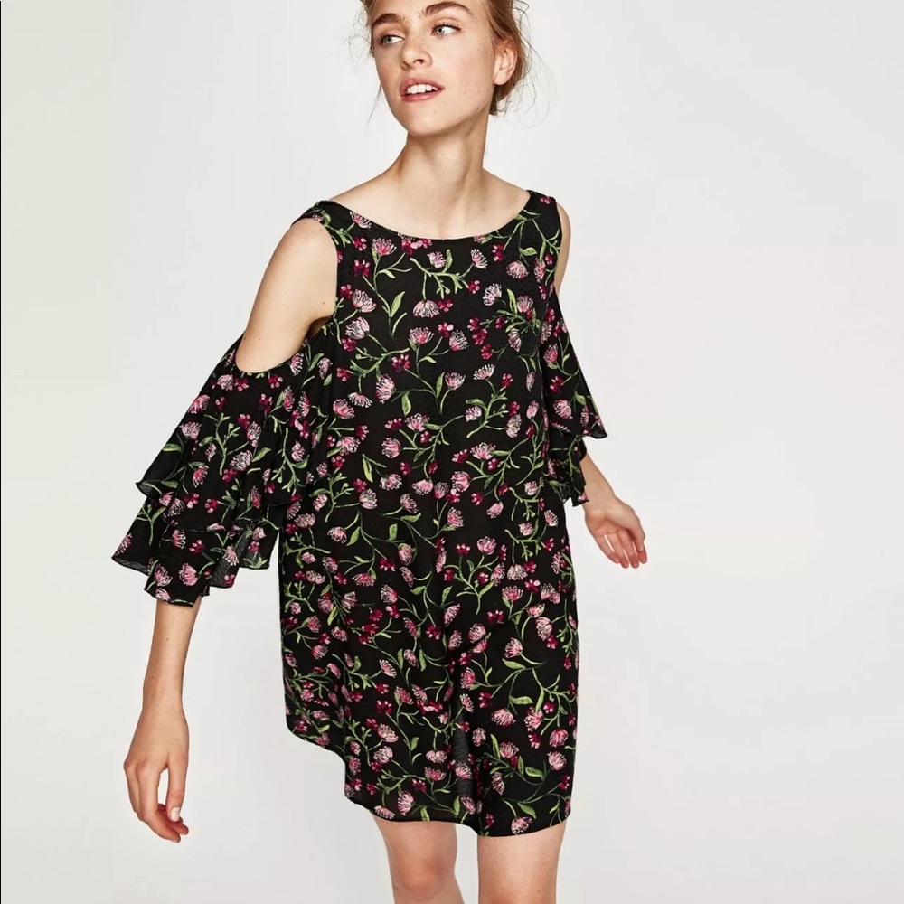 Zara Basic Floral Cold Shoulder Mini Dress